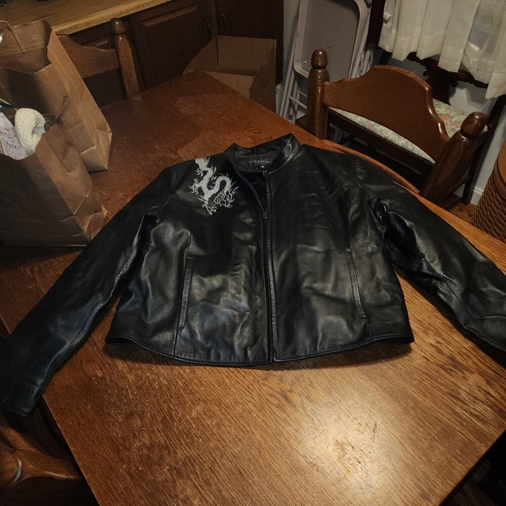 MARCIA COLLECTION EUC WOMENS SZ 3X BLK LEATHER DRAGON ITALIAN BIKER JACKET COAT